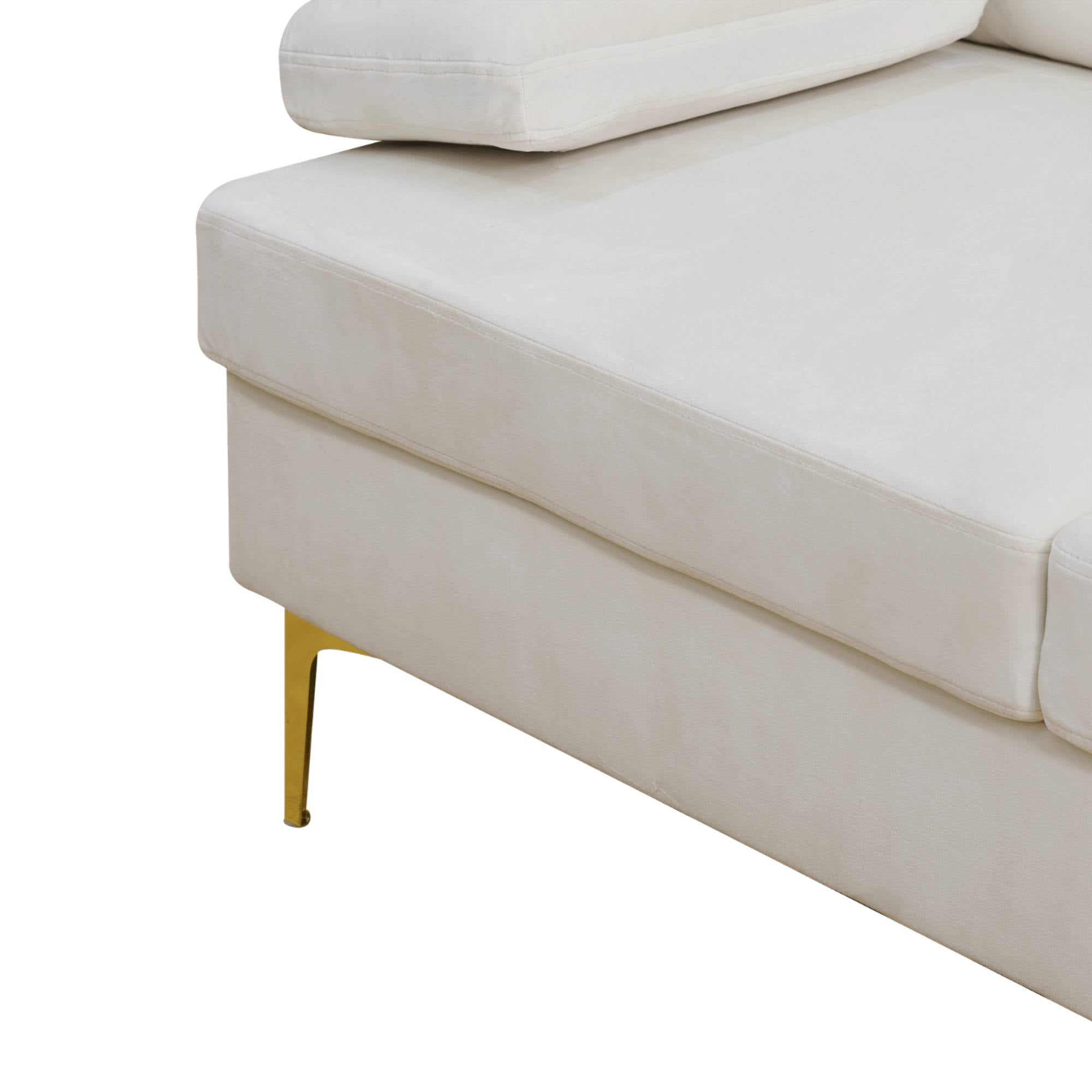 L Shaped Sectional Sofa Couch, 4 Seat Velvet Sofa Set with Right Chaise Lounge for Living Room, Off-White