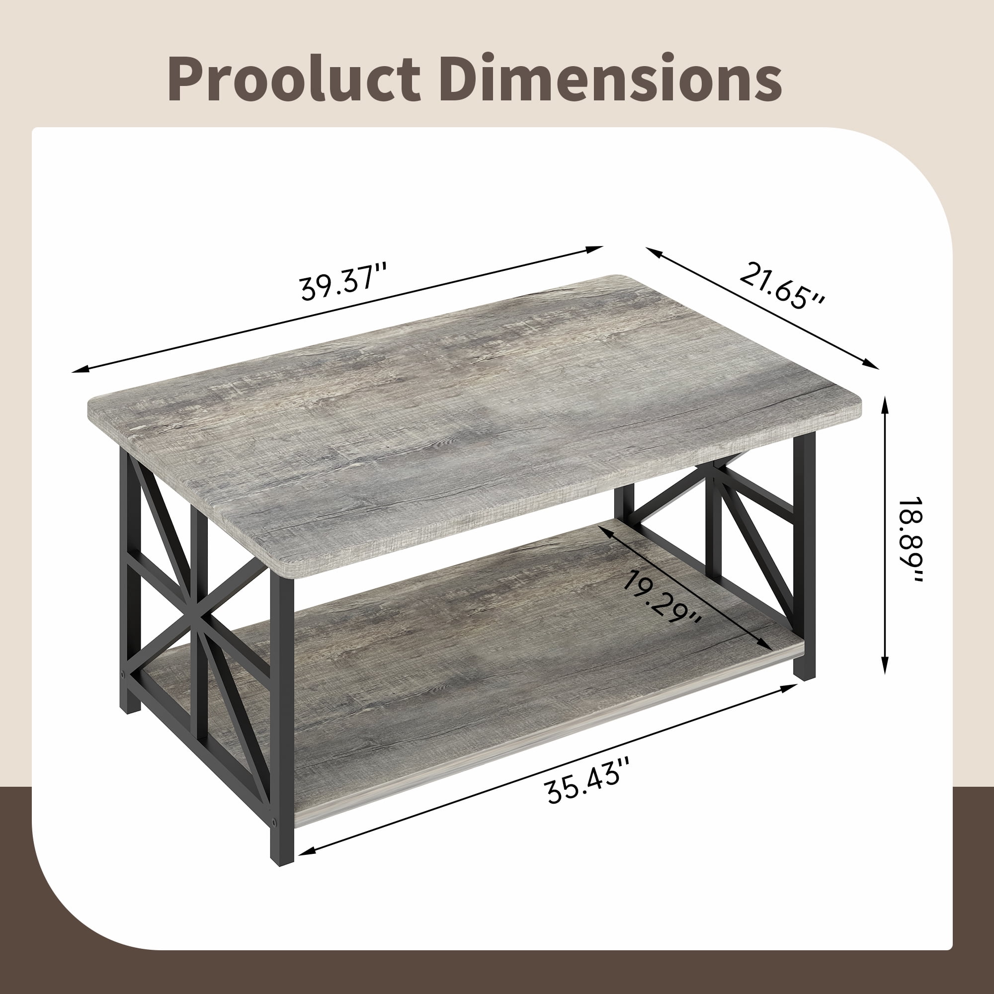 Baxluxe Gray Coffee Table for Living Room, Rectangular Wooden Coffee Table with Storage Shelves, 2-Tier Storage Center Table with Metal Base, Tea Table for Small Space, Apartment, Office