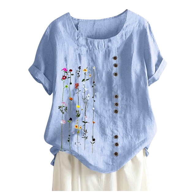 Top de algodón y lino para mujer de talla grande, alto y bajo, azul floral