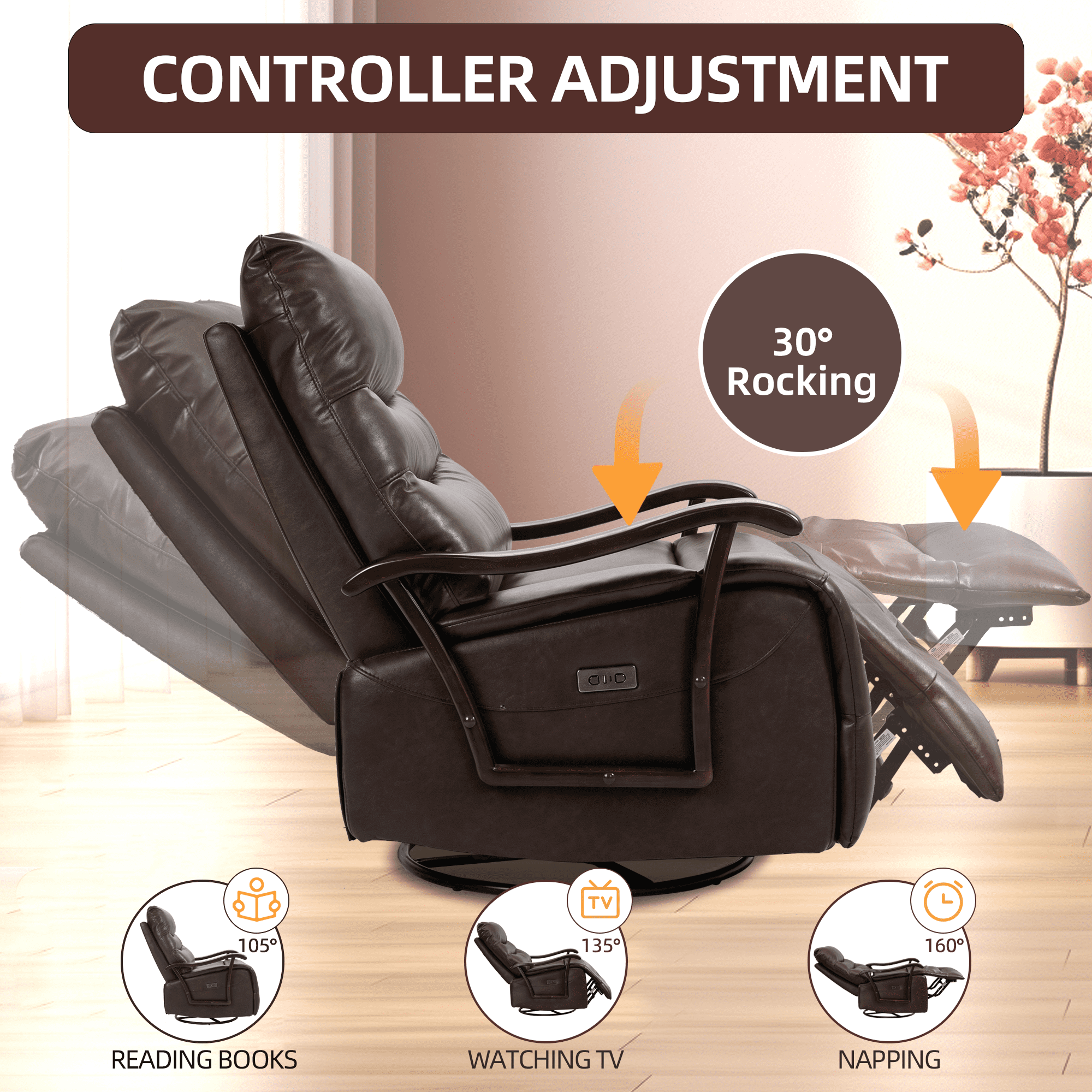 PORKISS Recliners Single Chairs with USB Port, Oversized Ergonomic Lounge Chair with Armrests, Brown
