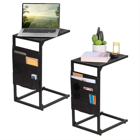 C Shaped End Table, Set of 2 Slide Under Sofa Side Table with Storage Bag, TV Tray for Living Room Bedroom, Couch Table Small Side Table for Couch Recliner Black