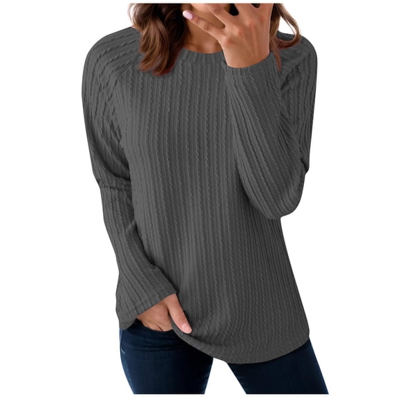 Enjoytime Ladies Tops and Blouses Solid Color Round Neck Long Sleeve Shirts Business Casual Comfy Fall Winter Clothes Dark Gray XXL