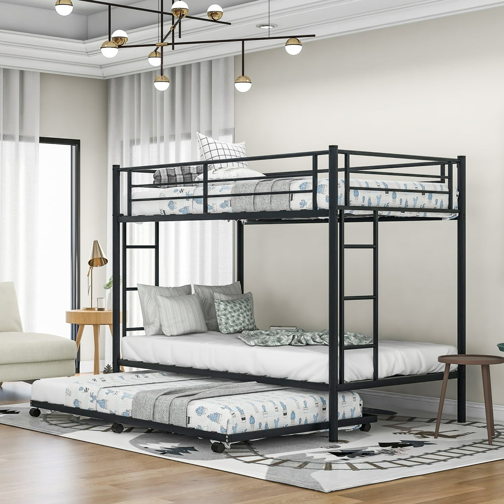 Euroco Metal Twin Over Twin Bunk Bed Frame with Trundle, Black