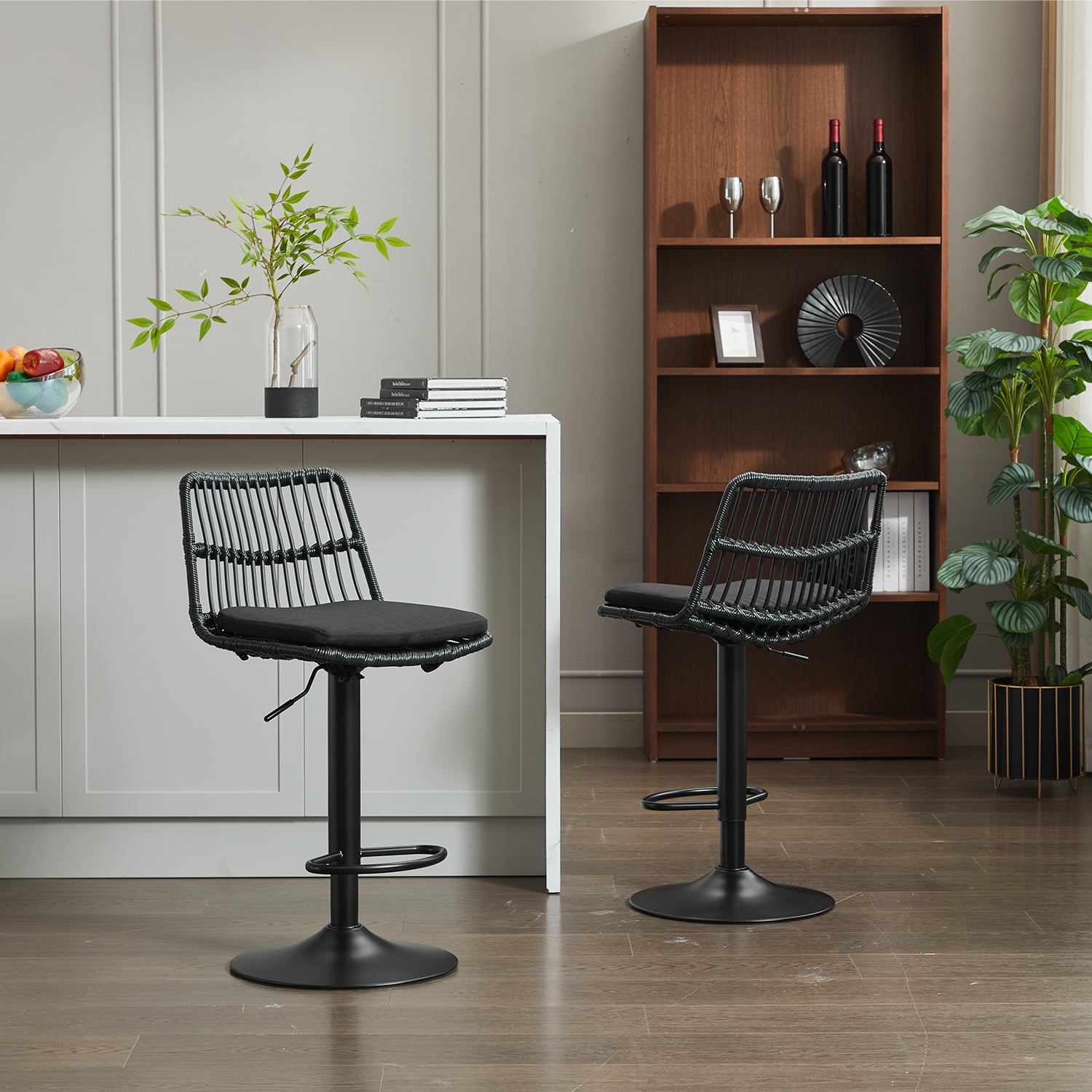 Demi Bonn 35" Counter Height Bar Stools Set of 2, Rattan Swivel Barstools with Back, Kitchen Island Countertop Chairs for Dining Room, Black