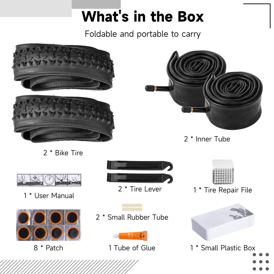 2 Pack 24" x 1.95" Mountain Bike Tire Replacement Set,Bike Tires with Repair Kit, Folding Portable MTB Tires, Replaceable Bike Tires with Inner Tubes and Levers, Rubber Tires for Hard Roads