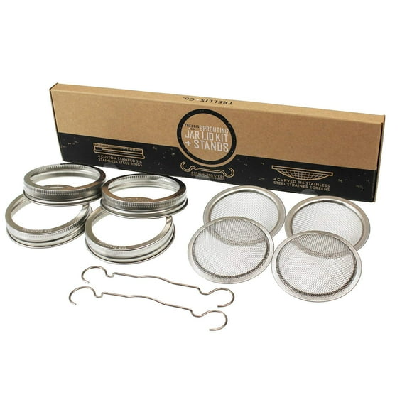 Trellis + Co. | Stainless Steel Sprouting Kit, 4 Pack With Sprouting Stands | Rust Proof 316 Stainless, Curved Mesh, Fits Most Wide Mouth Mason Jars | Grow Your Own Organic Sprouts From Seeds