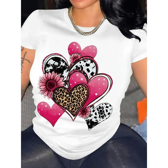 Leopard Heart Graphic Print T-shirt, Short Sleeve Crew Neck Casual Top For Summer & Spring, Women's Clothing Tee For Adult, Men, Women, Teen, Teenager, Adolescent, Youth