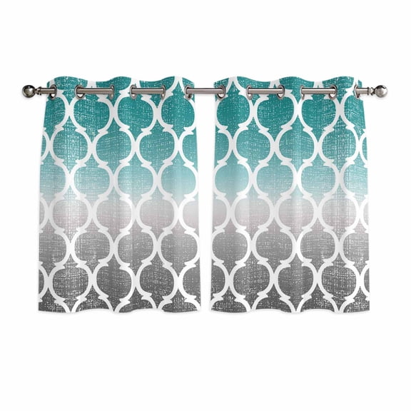 Teal White Grey Ombre Morocco Pattern Kitchen Curtains Short 45 Inch Length, Modern Moroccan Geometric Grommet Bedroom Living Room Curtains, Light Filtering Cafe Curtain Drapes 2 Panels Set 84''x45''