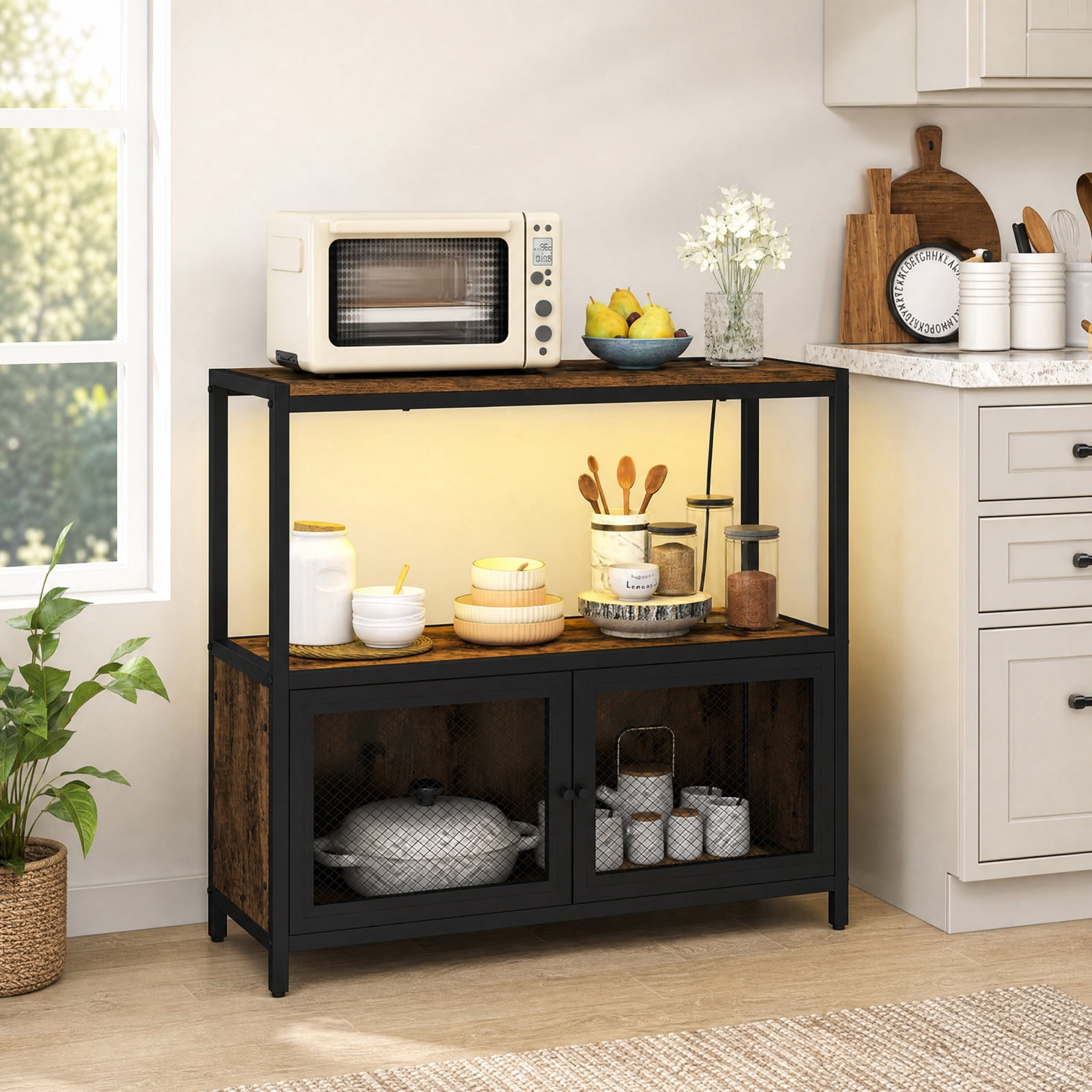 Furnibear Coffee Bar Cabinet with LED Lights and Built in Charging Station 3 Tier Open Shelf Storage for Home Kitchen Coffee Station, Rustic Brown