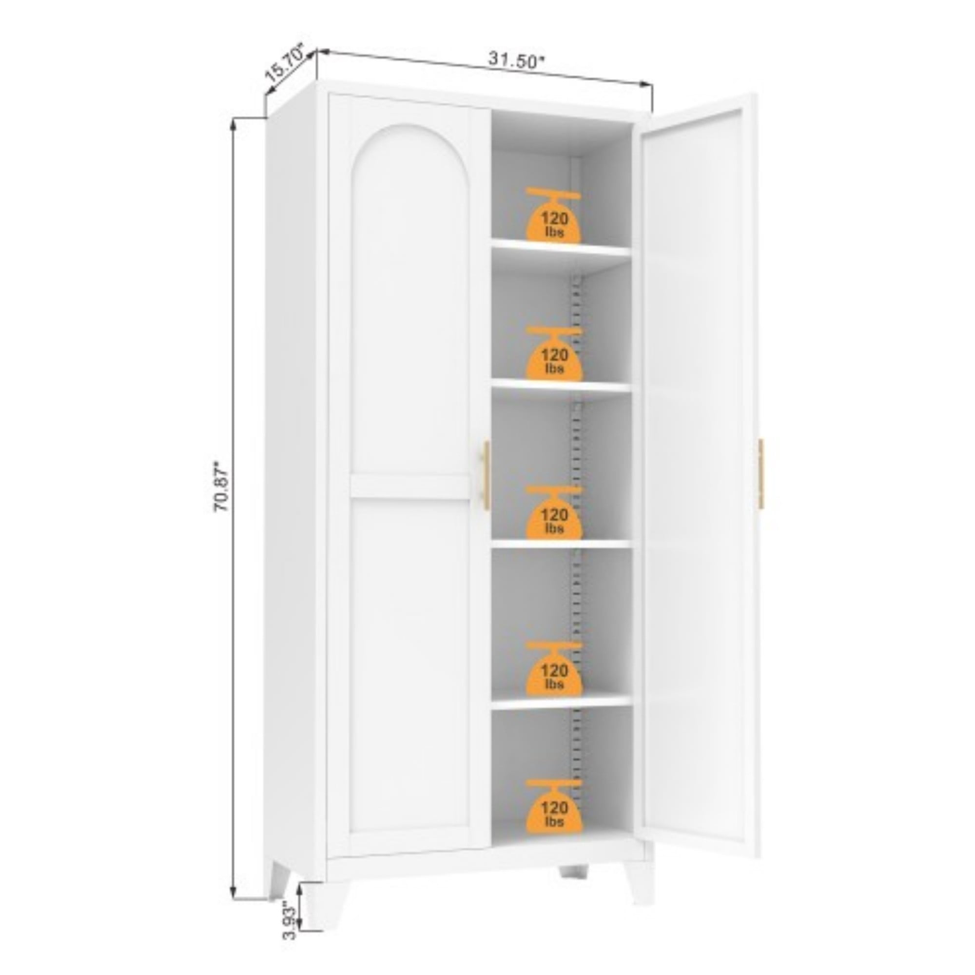 71" Metal Storage Cabinet with Lock, Adjustable Shelves & 2 Doors, Tall Steel Cabinet for Kitchen, Bedroom, Office, White