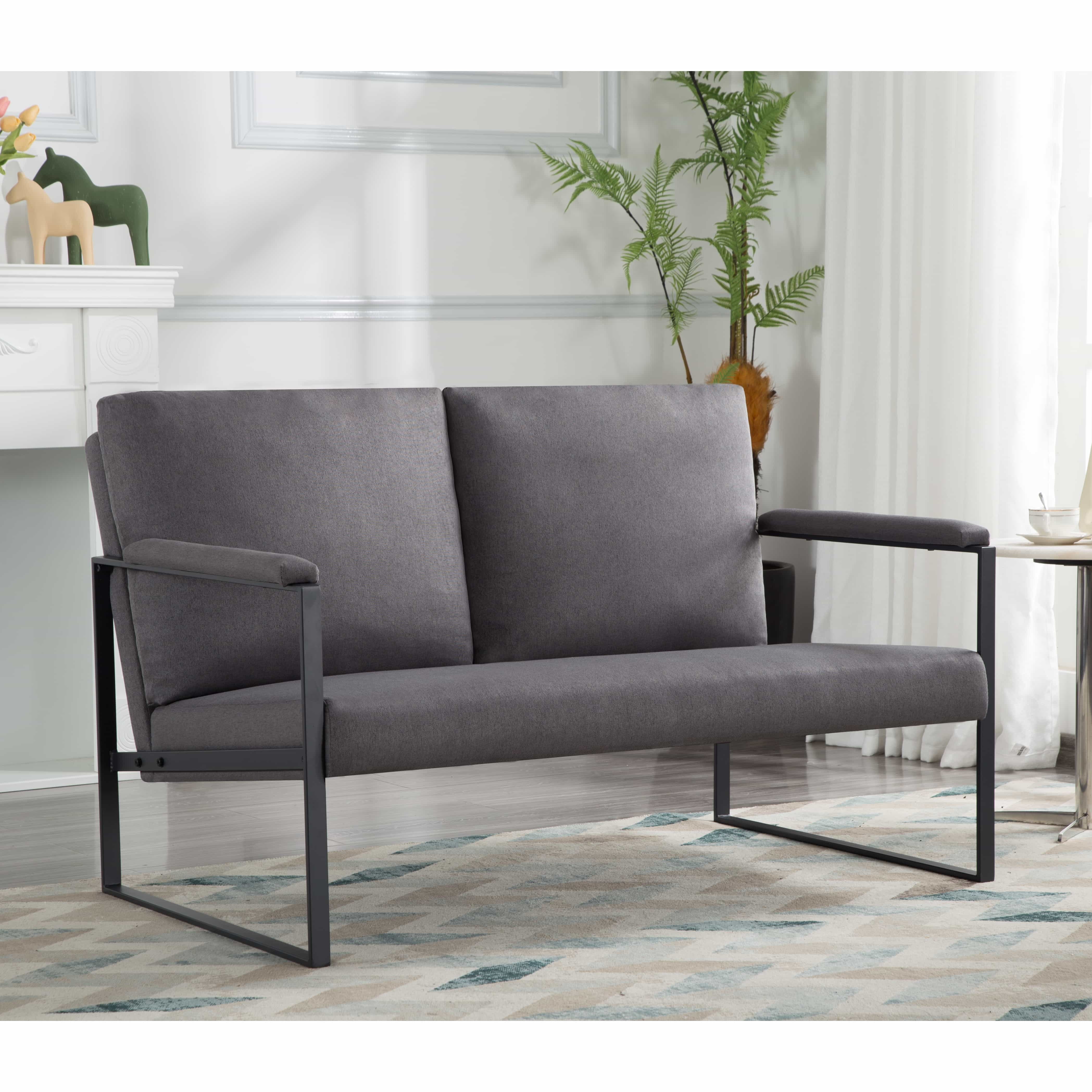 BSHTI Linen Blend Upholstery Loveseat,Sleek Metal Frame and Clean Lines,High-density Foam Loveseat,for Living Room,Bedroom,Study or Den(Dark Gray)