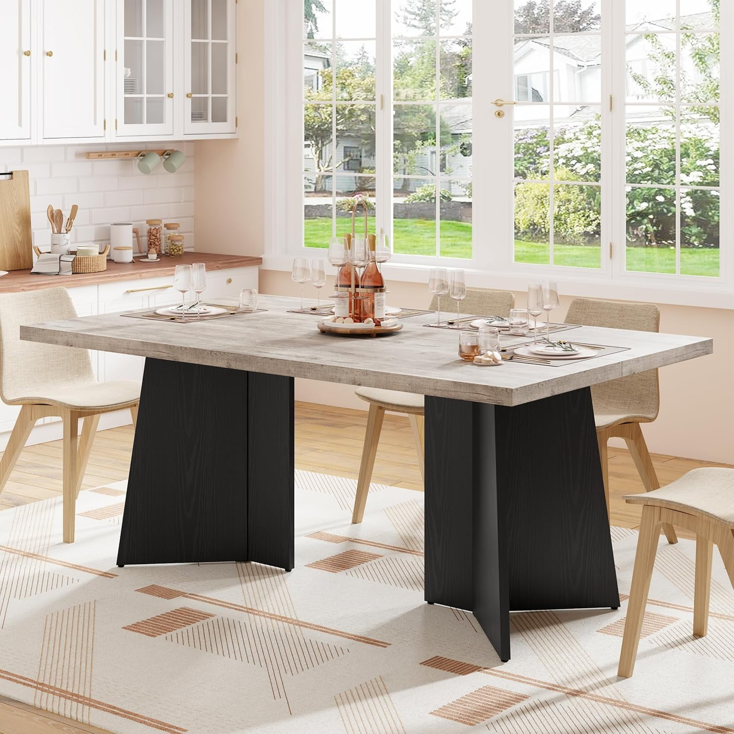 Dining Table for 6-8 People - 63" Modern Long Kitchen Table with Large Tabletop & Pedestal Legs, Dinner Table for Kitchen, Conference Room, Home, Grey & Black