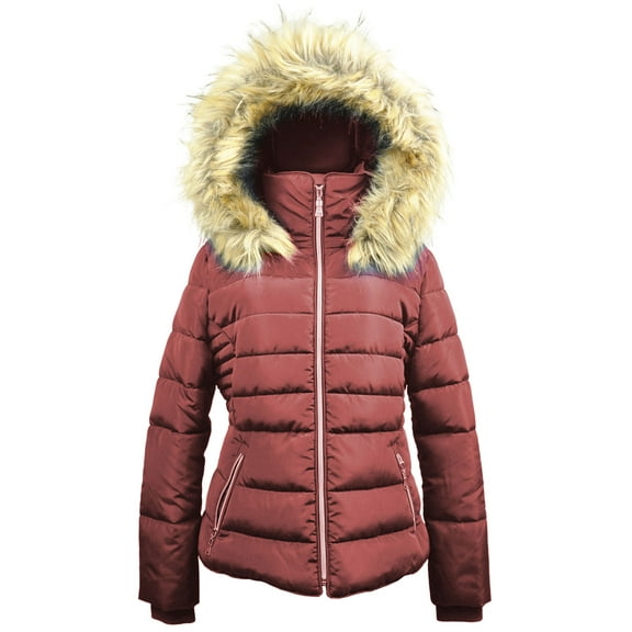 Women's Winter Quilted Puffer Coat Fleece Lined Warm Jacket with Removable Faux Fur Hood and Zipper