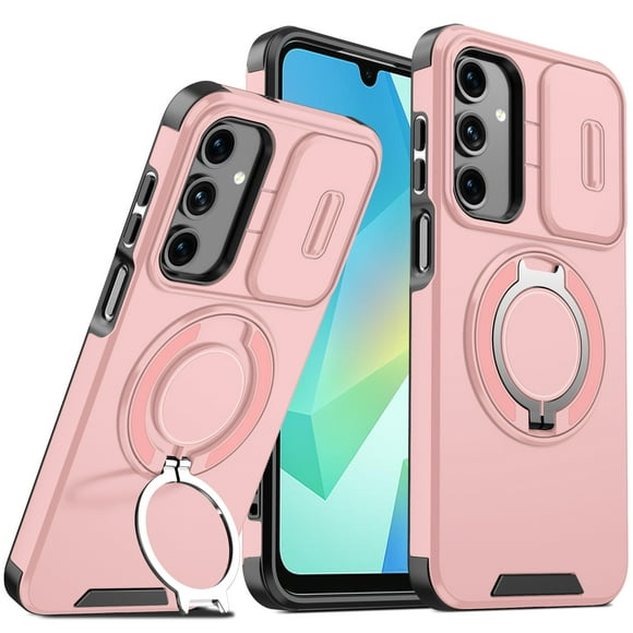 Decase Hard Case for Samsung Galaxy A16 5G, Hard Plastic Shell Phone Case, Compatible with Mag Safe Accessories, with Phone Ring Grip Holder Kickstand/Slide Camera Cover,Rugged Shockproof Cover,Pink