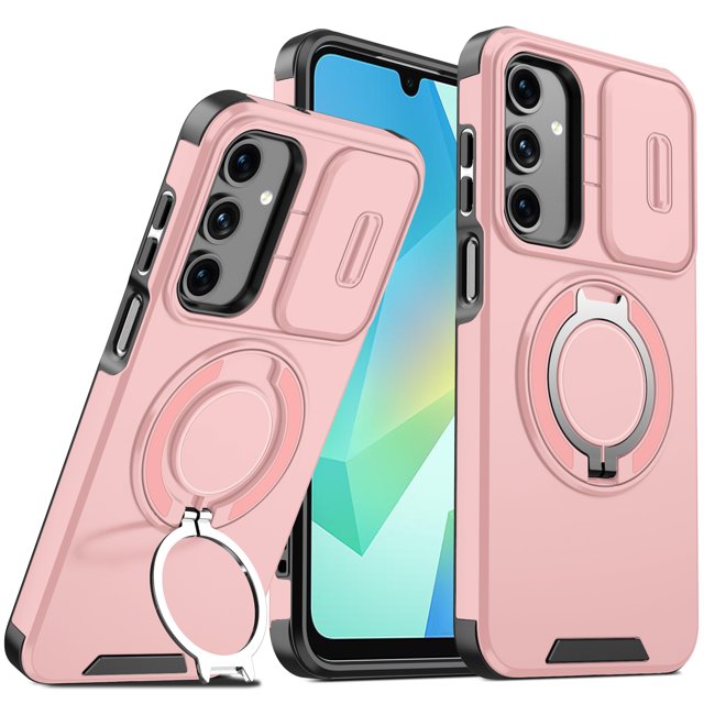 Decase Hard Case for Samsung Galaxy A16 5G, Hard Plastic Shell Phone Case, Compatible with Mag Safe Accessories, with Phone Ring Grip Holder Kickstand/Slide Camera Cover,Rugged Shockproof Cover,Pink