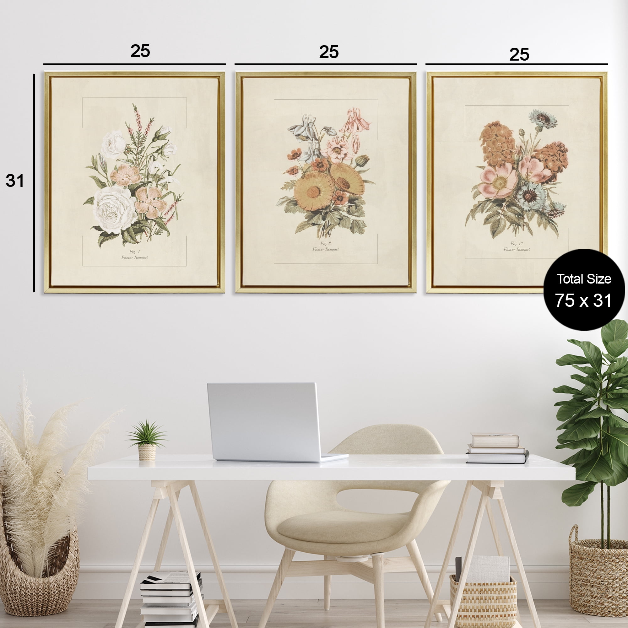 Stupell Industries Neutral Bouquet Studies 3 Piece Gold Framed Floater Canvas Set, design by Dan Meneely