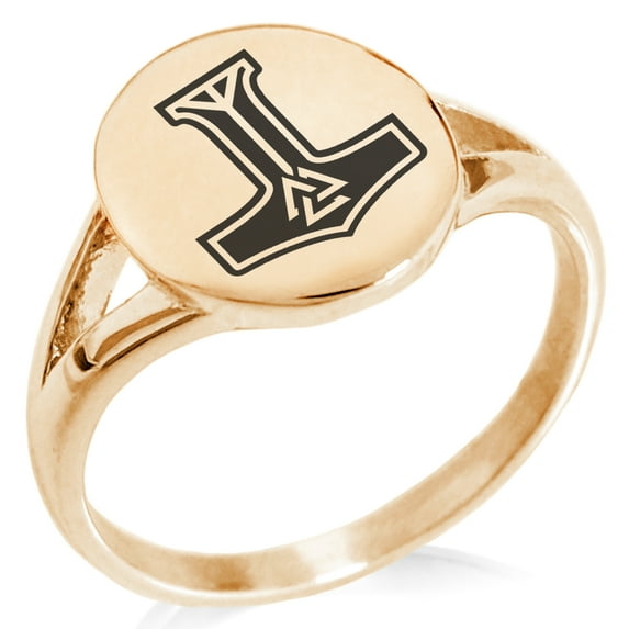 Stainless Steel Valknut Mjolnir Thor's Hammer Minimalist Oval Top Polished Statement Signet Ring
