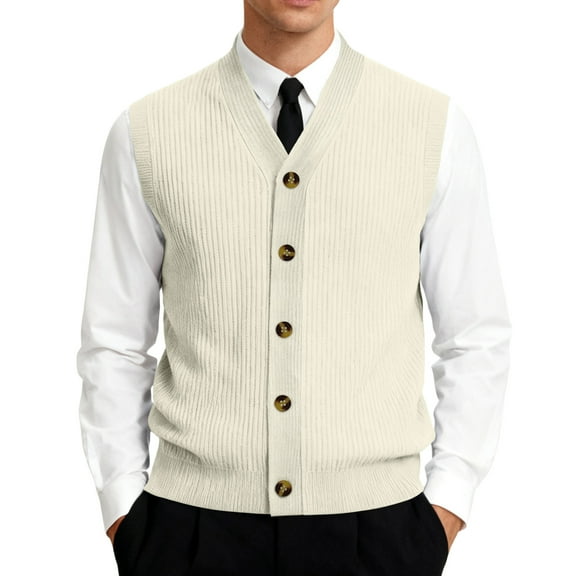 GrmtClth Mens Sweater Vest Casual V-Neck Knitted Sleeveless Sweater Soft Comfy Button Up Knitwear Beige L