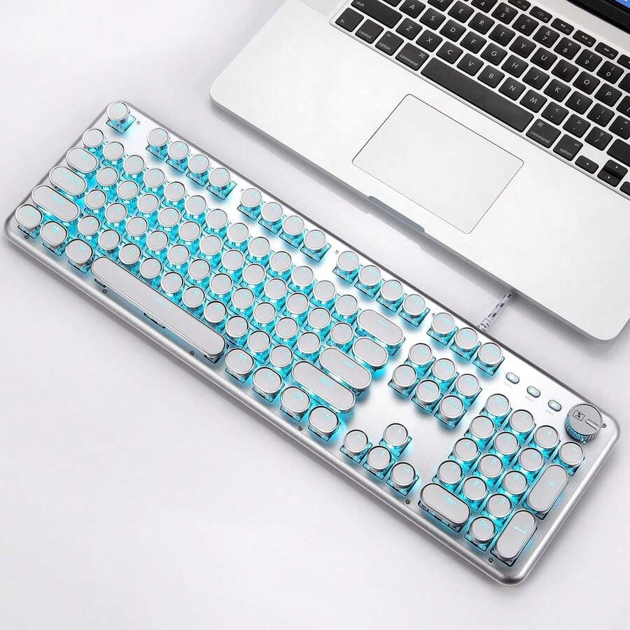 Wired Mechanical Keyboard, 104 Key Beautiful Typewriter Keyboard, Blue Backlight, Anti Ghosting, Blue Switch Wired Cute Keyboard - White, Including A USB Charging Cable