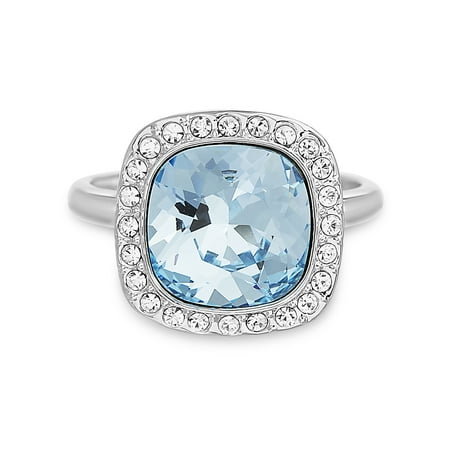 - Faceted Crystal Cushion Halo Ring in Sterling Silver made with Swarovski Crystals