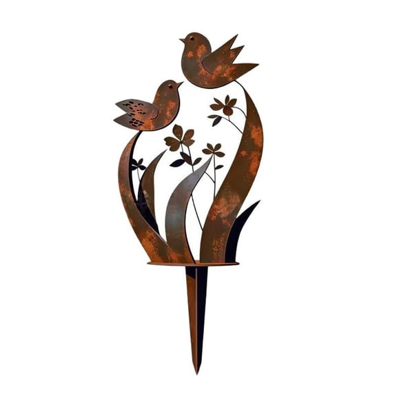 Rustic Bird and Wildflower Metal Garden Stake, Robust Iron Yard Art with Vintage Patina, Sturdy Resilient Flower Bed Decor for Outdoor Farmhouse Aesthetic