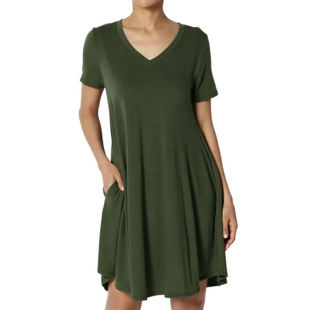 Pink Dress Coat - TheMogan Women's S~3X Short Sleeve V-Neck Draped Trapeze Pocket Short Tunic Dress