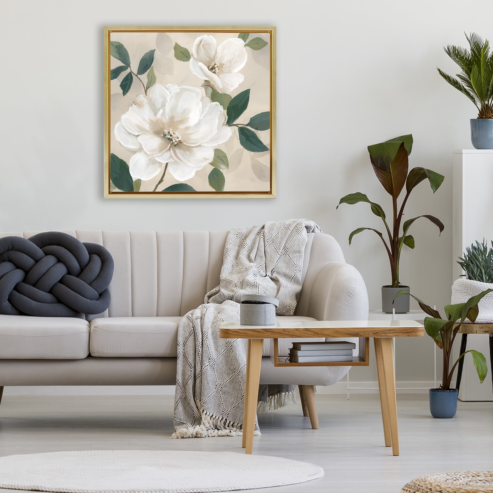 Stupell Industries Serene White Magnolia Study Gold Framed Floater Canvas Wall Art, design by Nan