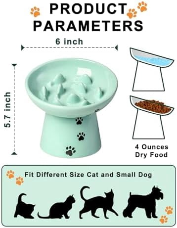 Slow Feeder Cat Bowl, Ceramic Cat Slow Feeder Bowl, 6 Inches, Elevated, Anti Vomiting for Dry and Wet Food, Green