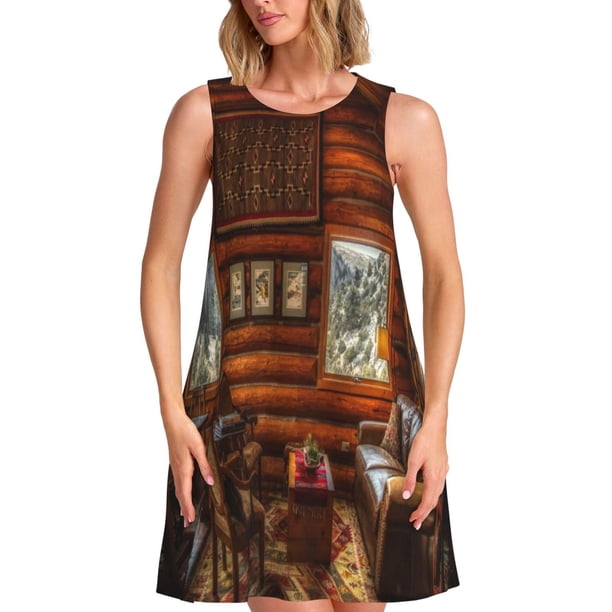 Fotbe Log Cabin Inside Vestido de Verano sin Mangas para Mujer – Vestido Midi Línea A, Estilo Camiseta Floral, Vestido Playero Casual y Fluido