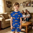 thumbnail image 2 of Boys 2 Piece Outfits Cartoon Construction Truck Dinosaur Print Short Sleeve T-Shirt and Elastic Waist Shorts, Kids Summer Casual Outfit for School Outdoor Daily Wear(Blue,2-3 Years), 2 of 4