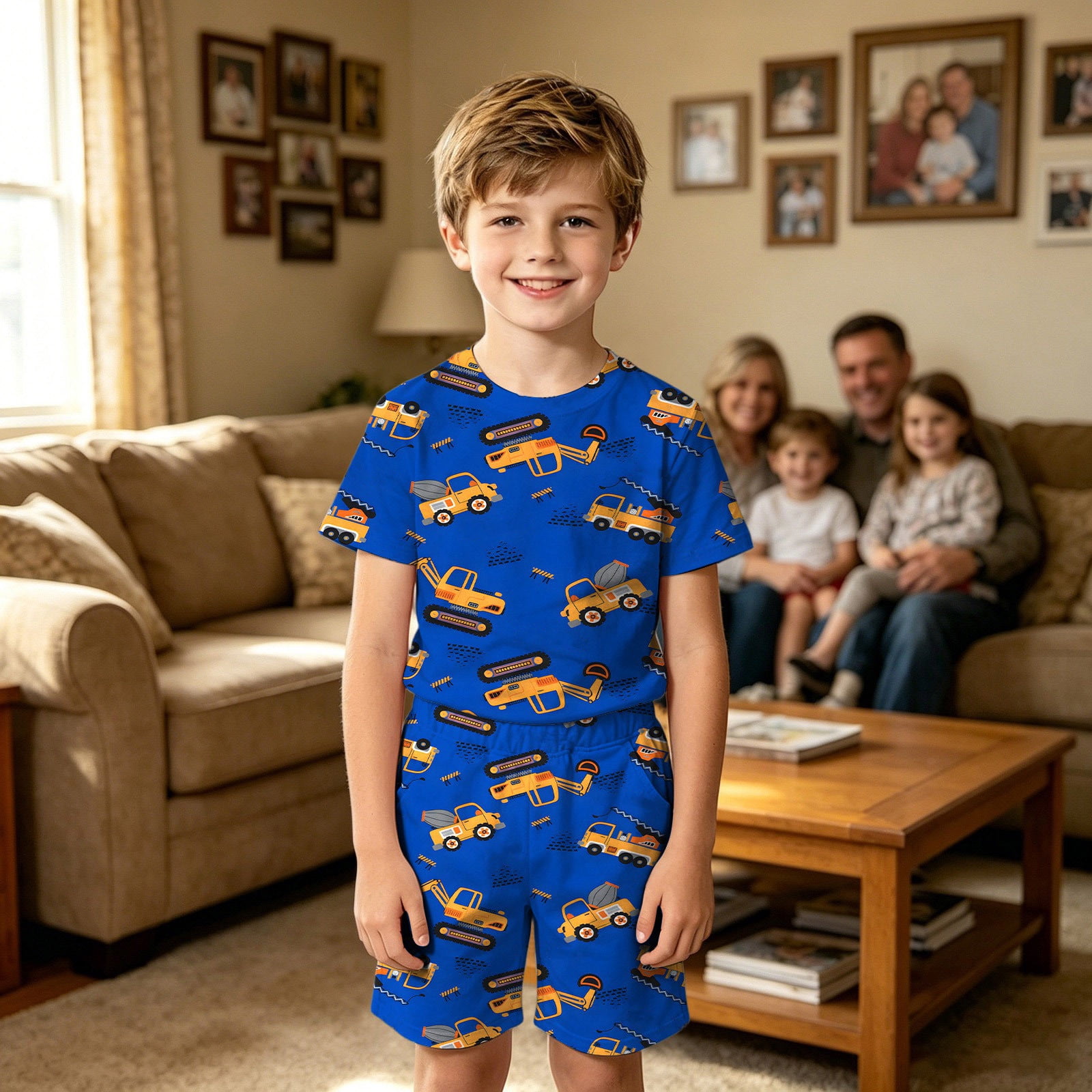 Rggeeun Boys Child Outfit Sets Cute Cartoon Truck & Excavator Pattern Short Sleeve Crew Neck Smooth Top & Elastic Waist Wide Leg Lightweight for Summer Travel Party Basic Wear Blue 12-13 Years