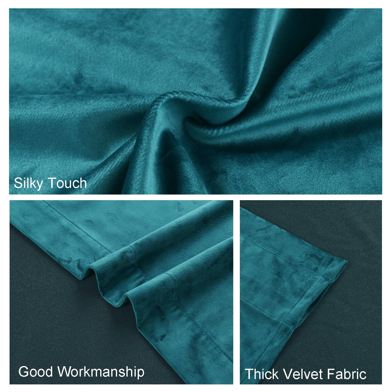 JIUZHEN Teal Room Darkening Velvet Curtains 90 inches Long for Living Room, Soft Rod Pocket Thick Noise Reducing Window Drapes for Bedroom Home Office, 52W x 90L, Set of 2 Panels with Tiebacks
