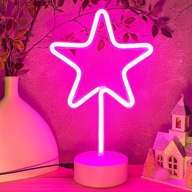 AIR-Star Neon Sign Neon Star Light LED Star Lights, USB/Battery Operated Neon Sign with Base Stand Star Table Lamp, Light up Star Pink Christmas Decor for Room Bedroom Classroom Desk Shelf