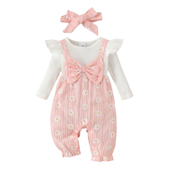 WUSUOWEI Toddler Girl Floral Print Two-Piece Romper Jumpsuit with Bow Headband, Long Sleeve Ruffle Flannel Bodysuit Outfit, Cute Fall Clothing Set for Baby Girls 6-9 Months