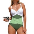 thumbnail image 1 of Supportive Swimsuit Tops for Women Colorblock Racerback Side Cutouts Shelf Bra V Neck Adjustable Spaghetti Straps Twisted Waist 1 Pc, 1 of 6