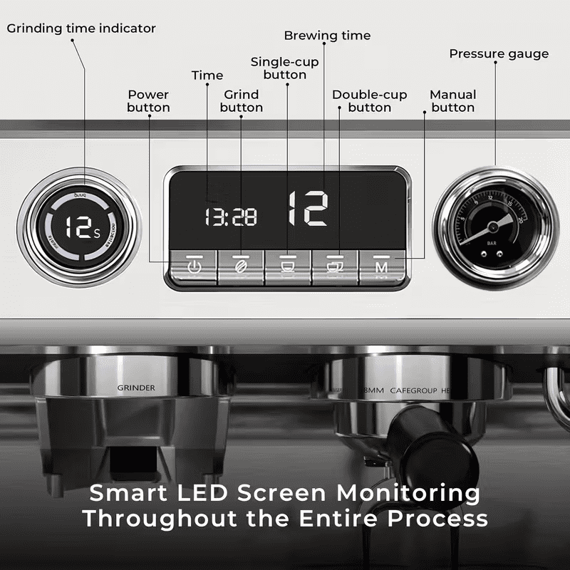 Auseo Espresso Machine with Grinder, Dual Boiler 20 Bar Espresso Machines with Milk Frother Steam Wand, Espresso/Cappuccino/Latte/Mocha, Commercial Espresso Coffee Machines, Stainless Steel