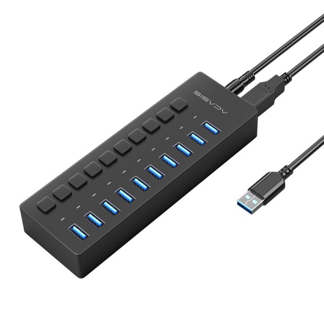 Divisor USB3.0 con fuente de alimentación, interruptor independiente de aleación de aluminio, estación de acoplamiento HUB de alta velocidad de uno a diez