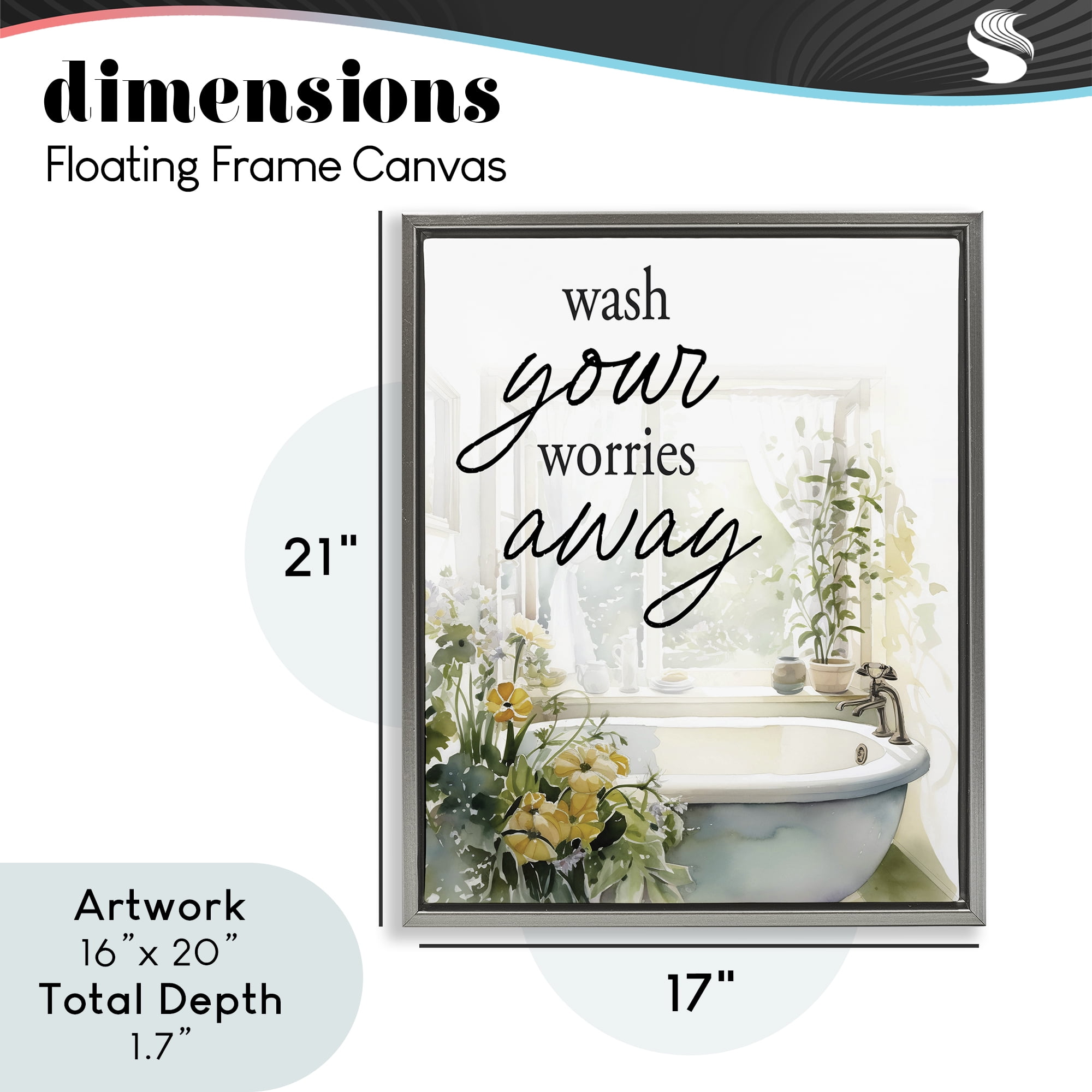 Wash Worries Away Sunlit Bath Gray Framed Floater Canvas Wall Art, design by Lettered and Lined