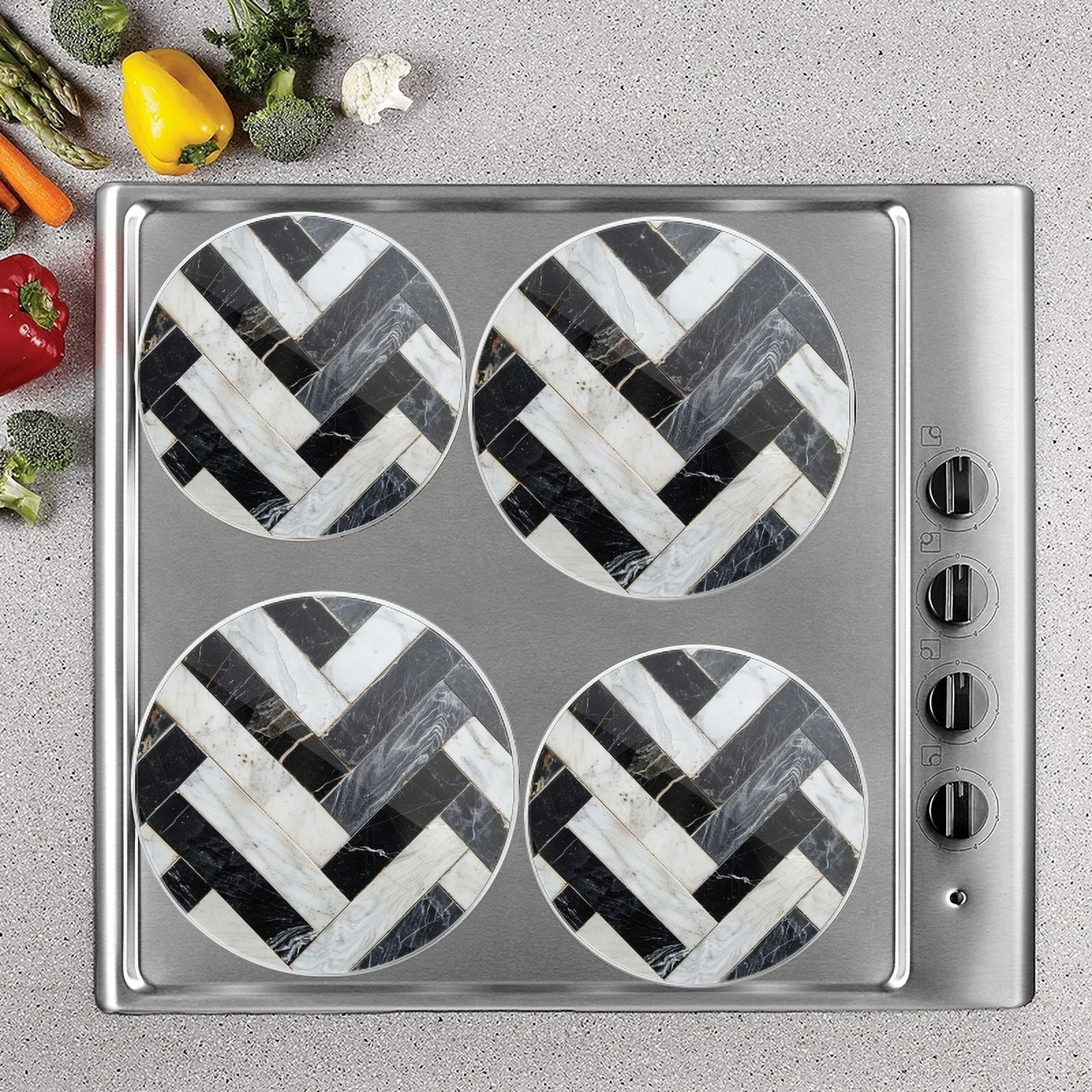 Bahomeck Electric Stove Burner Covers Set Of 4,Pattern Made Of Black And Gray Marble Tiles Metal Gas Stove Burner Covers,Protecting Gas Stoves,8 Inch And 10 Inch
