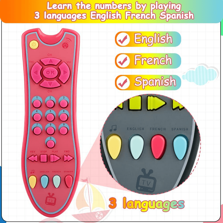 Baby Realistic TV Remote Control Toy with Light and Sound,Early Education  Learning STEM Musical Toys with 3 Language English,French and Spanish Gift