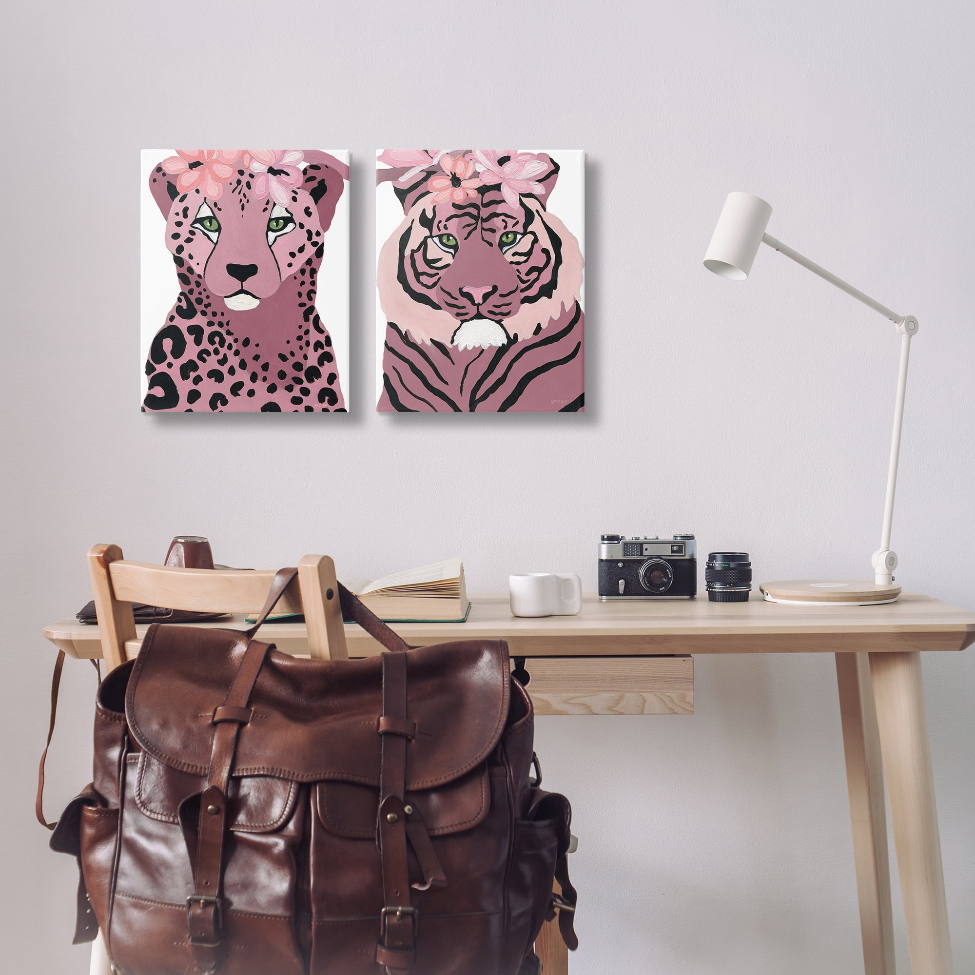 Stupell Industries Floral Cheetah Tiger Animals Painting Wrapped Canvas Art Print Wall Art, 16 x 20, Set of 2