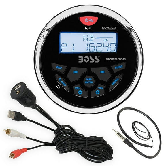Boss Audio MGR350B Bluetooth In Dash Marine Gauge Style Digital Media AM/FM Receiver Bundle Combo With Enrock USB 3.5MM AUX To RCA Interface Mount Cable   Enrock 22" Wired Radio Antenna