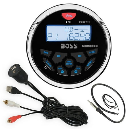 Boss Audio MGR350B Bluetooth In Dash Marine Gauge Style Digital Media AM/FM Receiver Bundle Combo With Enrock USB 3.5MM AUX To RCA Interface Mount Cable + Enrock 22