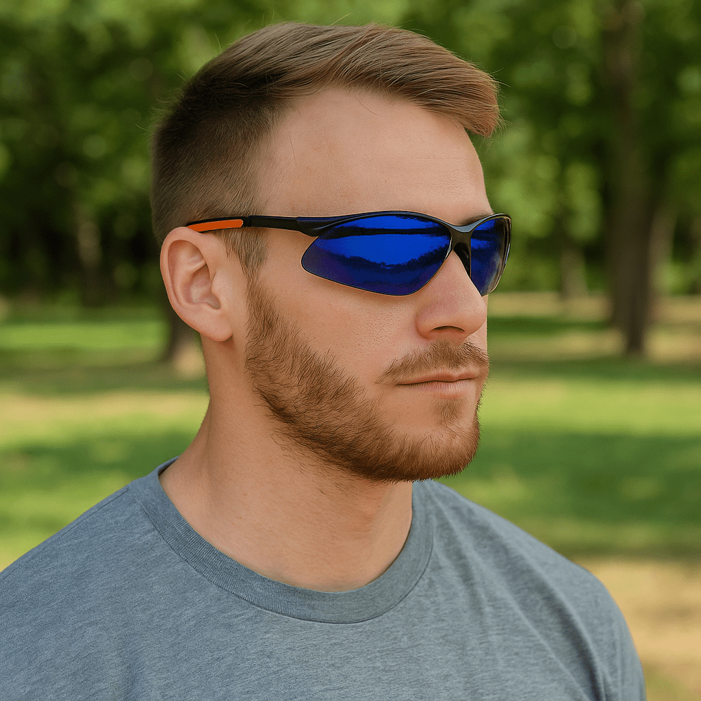 Sanoxy Safety Glasses with Wraparound Design, UV Protection, Rubber Nosepiece and Black Temples – Impact-Resistant PC Lens-Blue Mirror