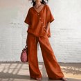 thumbnail image 3 of Women's 2 Piece Cotton Linen Set, V-Neck Short Sleeve Button Top & Drawstring Wide Leg Pants, Casual Summer Loungewear Outfit with Pockets, Loose Fit,Saffron,XL, 3 of 5