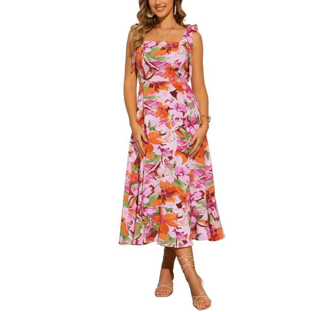 Vestido Midi Floral Sin Mangas con Abertura para Verano de INSPIRAR CHIC para Mujeres XL Rosa