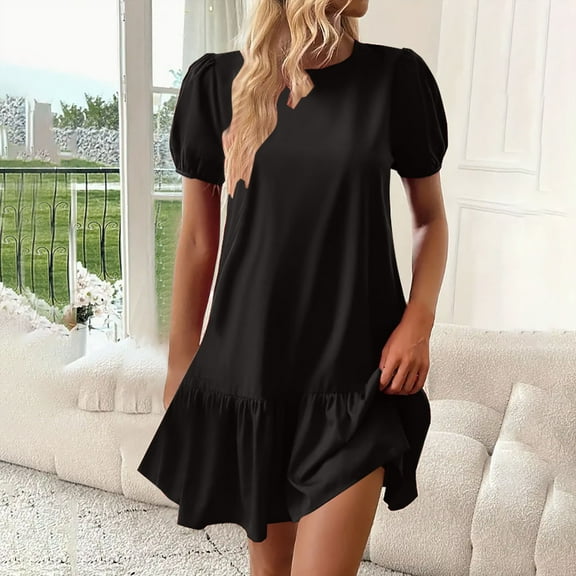 MIANHT Women’S Dresses Summer Solid Color Drop Shoulder Mini Dress Casual Slim Fit Short Sleeve Faux-Wrap Sundress