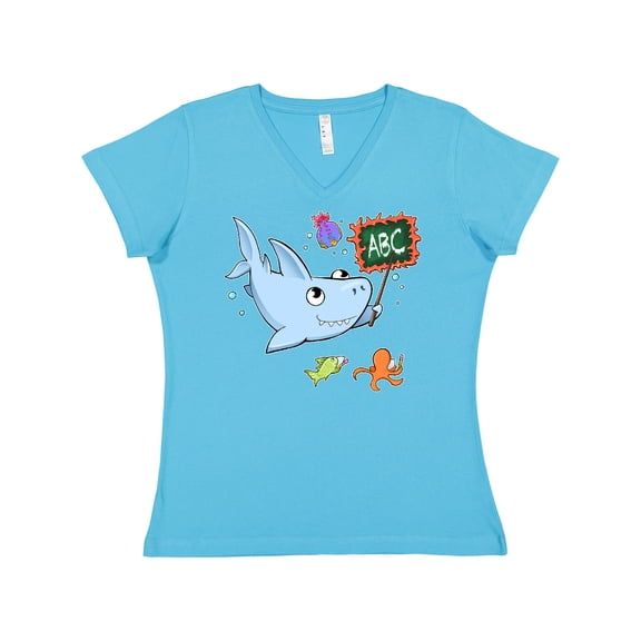 Inktastic Teacher Shark with School of Fish Women's V-Neck T-Shirt