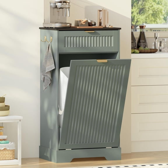 Single 13 Gallon Tilt Out Trash Can Cabinet,Garbage Cabinet with Drawer | Hidden Garbage Storage with Fluted Design, Drawer & Hooks for Kitchen, Dining Room and Small Space Organization,Green