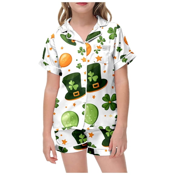 SUXIAN St Patricks Day Two Piece Pajama Set with Pajama Print Short Sleeved Shorts for Children Toddler Pajamas Dark Green 12-13 Years
